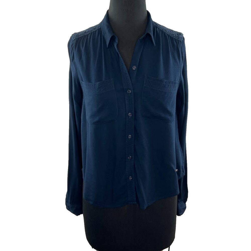 SUPERDRY Japan Navy Blue Button Down Lace Back Top Blouse Shirt XS